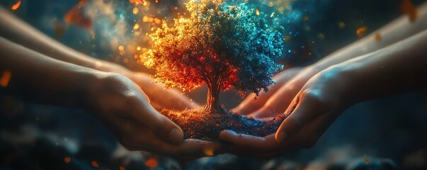 Diverse hands holding a symbolic tree