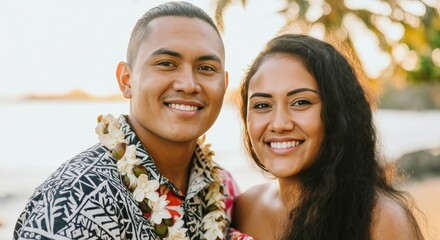 Pacific islander couple celebrating love in scenic coastal paradise setting