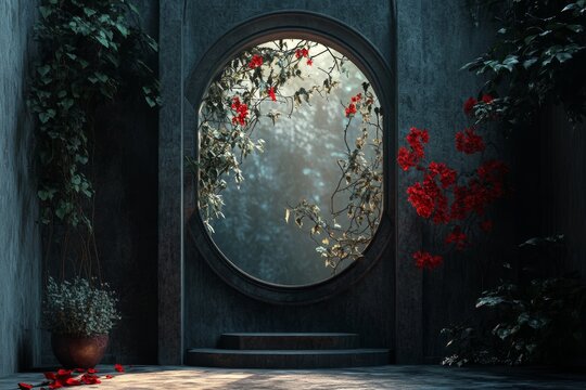 Enigmatic Garden Oasis: Dark Mystical Scene with Red Flowers. Digital Backdrop.