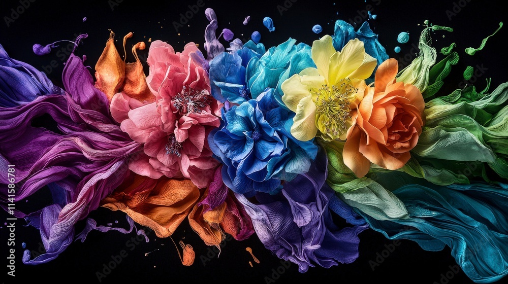 Poster vibrant color splash event featuring flowers art studio digital art colorful environment close-up vi