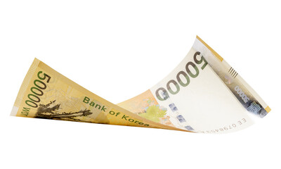 50000 South Korean won banknotes falling  isolated on white background, with clipping path