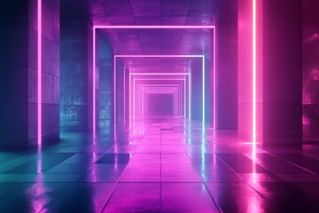 Neon Lights Corridor: Futuristic Pink and Blue Glowing Pathway. Digital Backdrop.