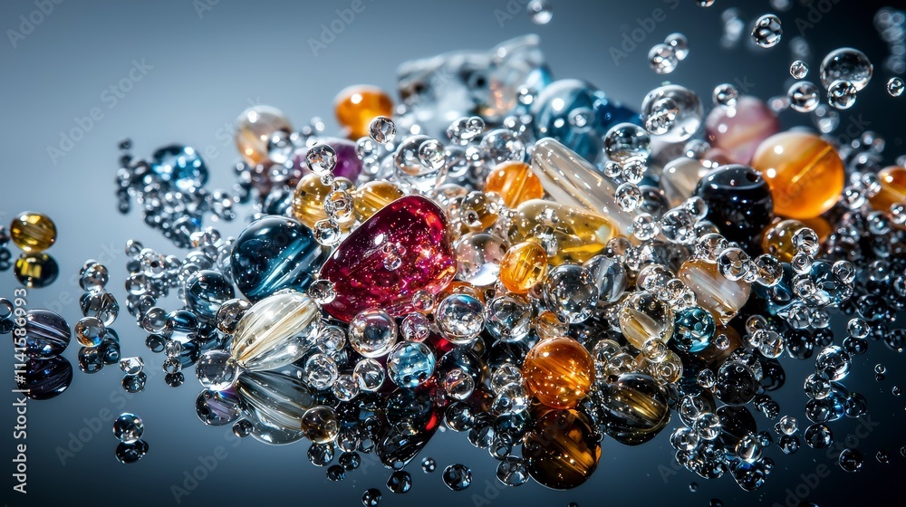 Poster translucent beads and bubbles abstract art surface reflection photography studio setting close-up vi