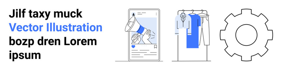 Social media marketing with megaphone on smartphone, clothing rack for online shopping, and gear icon symbolizing digital solutions. Ideal for e-commerce, marketing, digital transformation, business