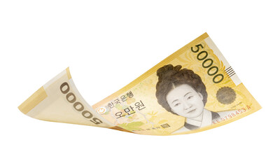 50000 South Korean won banknotes falling  isolated on white background, with clipping path
