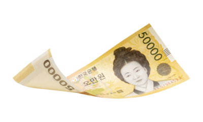 50000 South Korean won banknotes falling  isolated on white background, with clipping path