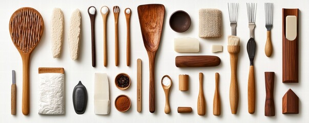 Flatlay of Wooden Utensils and Bath Accessories.