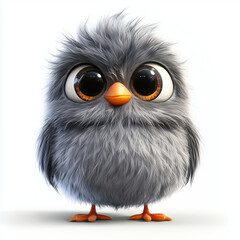 Cute round cartoon bird, bright colored chick standing on white background with big eyes and friendly expression