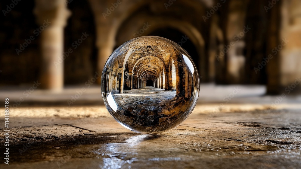 Poster a delicate glass sphere in an endless corridor of ancient architecture with stunning reflections and