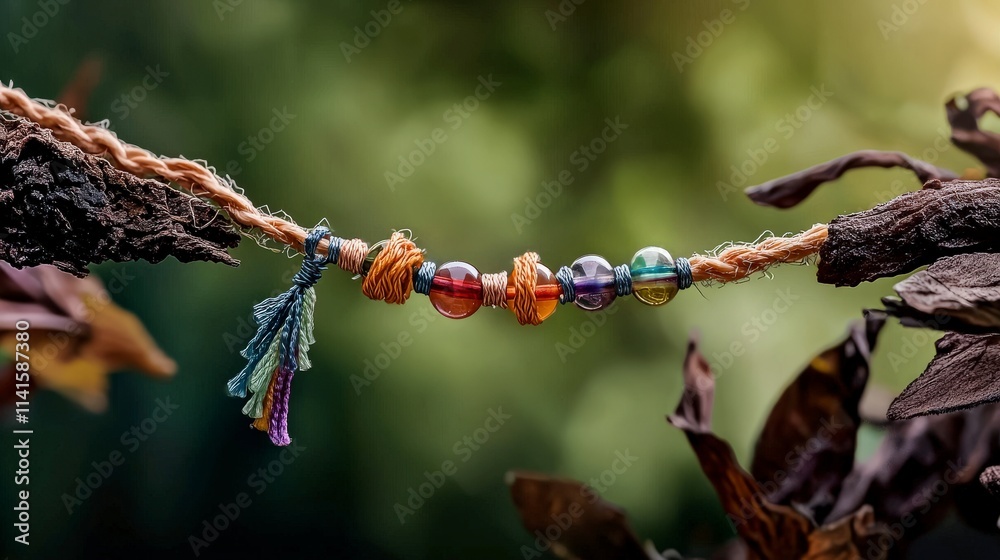 Poster colorful beads woven on delicate thread nature setting macro photography artistic environment close-