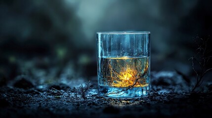 Glowing liquid glass in a dark forest artistic photography surreal environment enigmatic viewpoint
