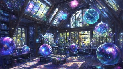 Fototapeta premium Surreal Crystal Bubble Dome Filled with Iridescent Lights and Cosmic Reflections in Futuristic Interior Space