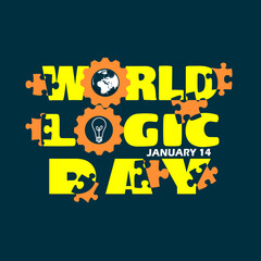 World Logic Day to celebrate on January 14th. Bold text with gear icons, puzzle pieces, light bulb and earth on dark teal background.