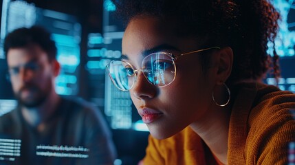 A diverse team collaborates on technology, analyzing data on screens to develop innovative and ethical AI solutions with a focus on user-friendly design.