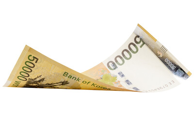 50000 South Korean won banknotes falling  isolated on white background, with clipping path