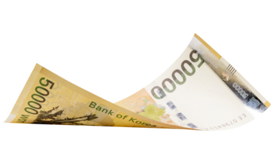 50000 South Korean won banknotes falling  isolated on white background, with clipping path