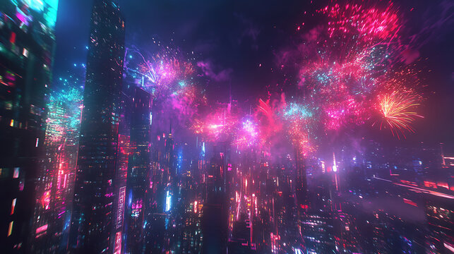 Futuristic Cityscape Fireworks Display: Neon skyscrapers rise above the horizon, illuminated by an explosion of vibrant fireworks. The city lights and pyrotechnics create a mesmerizing spectacle.