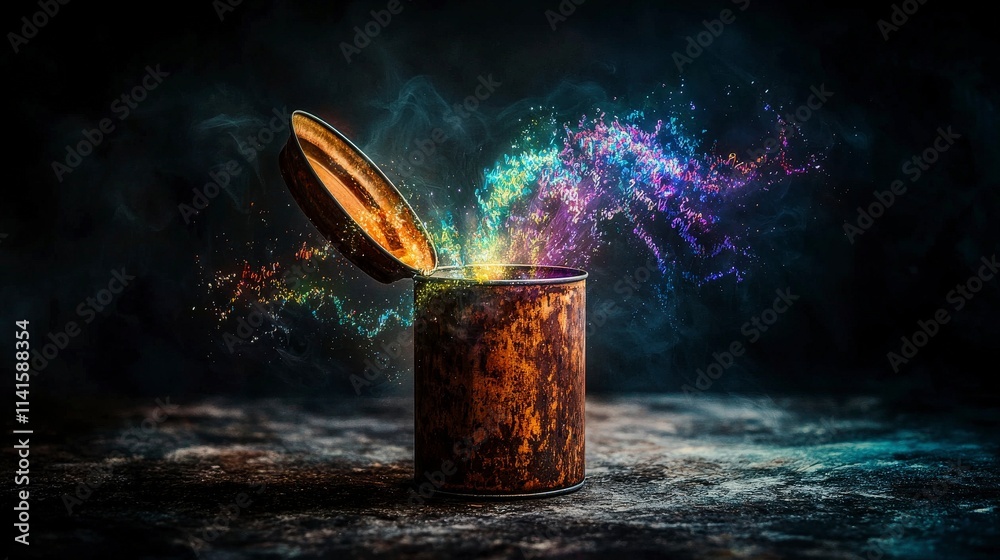 Poster capturing bursts of laughter from a rusted can a surreal scene indoor artistic abstract concept
