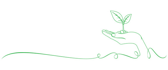 Earth Day line art style. hand with growing plant in simple linear style. Line vector elements