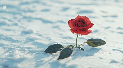 A romantic single red rose on a pristine white surface, symbolizing simplicity and elegance.