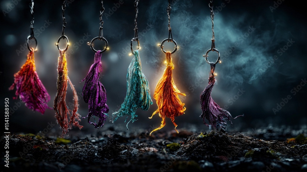 Poster Vibrant hooks suspended in a surreal environment captivating visual art dark atmosphere unique concept