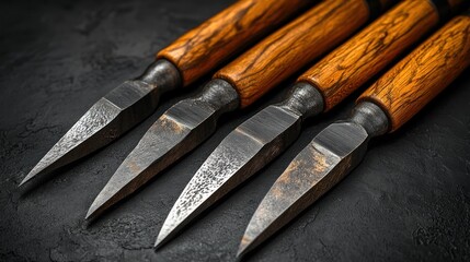 Close-up of four antique wood carving tools on dark surface.  Sharp, pointed tips and wooden handles. 
