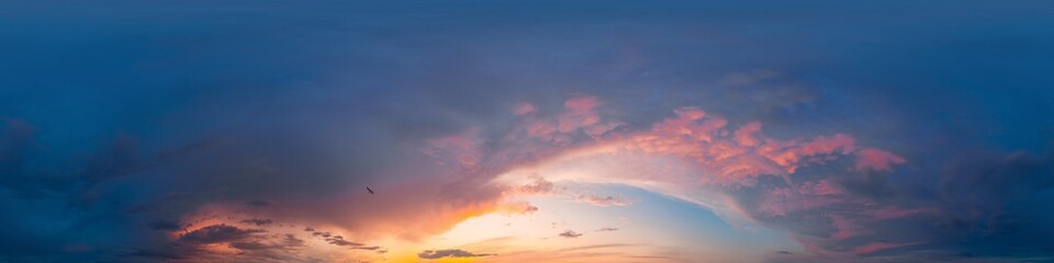 Sunset sky with bright glowing pink Cumulus clouds. Seamless spherical HDR 360 panorama. Full zenith or sky dome in 3D, sky replacement for aerial drone panoramas. Climate and weather change.