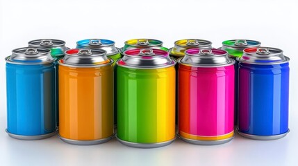 A vibrant collection of paint cans in various colors, arranged in a dynamic formation against a clean background.
