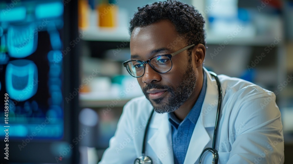 Poster a man wearing a white lab coat and glasses is looking at a computer monitor
