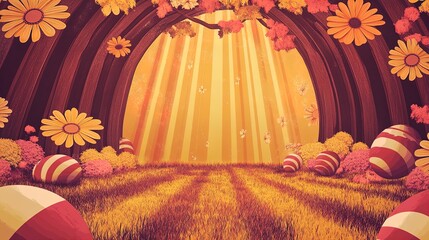 enchanting spring garden poster: a magical scene of blooming flowers, hidden easter eggs, and gentle sunlight perfect for updating your home décor!