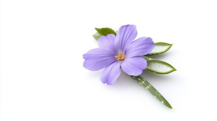 A delicate purple flower with lush green leaves, isolated on a white background, showcasing its vibrant color and gentle form.