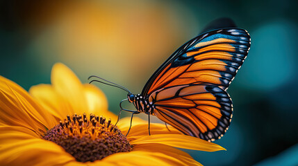 orange butterfly with detailed black wings sitting on sunflower against green soft focus