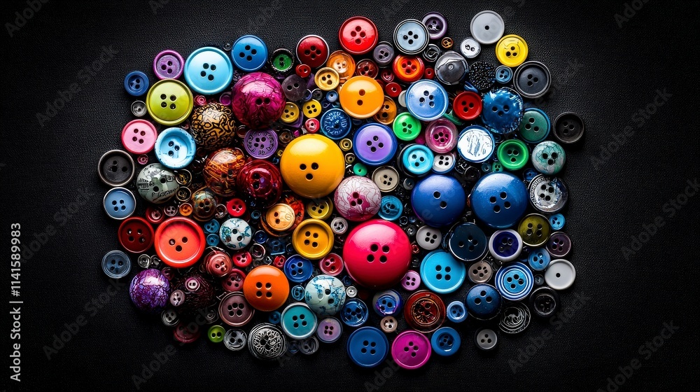Aufkleber Vibrant artistic showcase of colorful buttons in haphazard arrangement on canvas a top-down visual delight