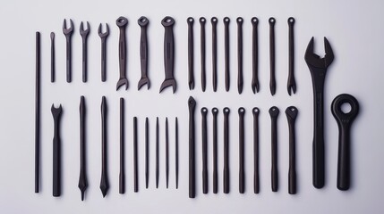 A neatly arranged collection of black tools, including various wrenches and picks, displayed on a white background.