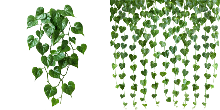 Hanging vines ivy foliage jungle bush, heart shaped green leaves climbing plant nature backdrop. Generative AI.