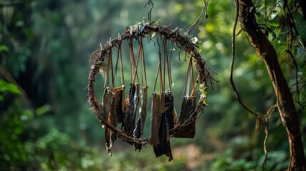 Symbolic hangers in a circular arrangement enchanted forest nature art installation serene environment artistic perspective