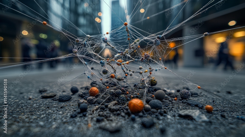 Poster vibrant downtown conceptual art invisible threads linking memories and events in urban life from a l