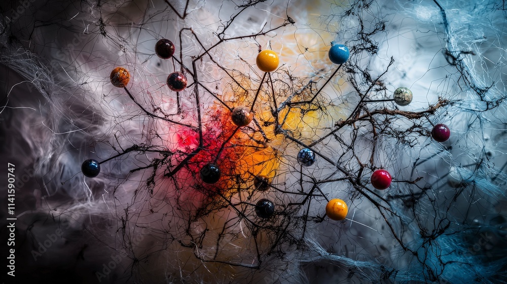 Aufkleber Memory pins embedded in textile web art installation colorful fabric abstract view conceptual exploration