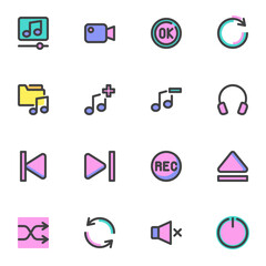 Media player interface filled outline icons set