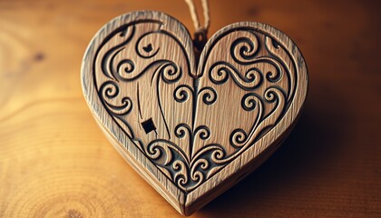 Fototapeta premium Hand-carved wooden heart, weathered to perfection, adorned with intricate, antique-style engravings, set against a warm, golden background