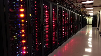 Obraz premium A sterile and silent server room with rows of black racks filled with blinking lights, devoid of any personnel.