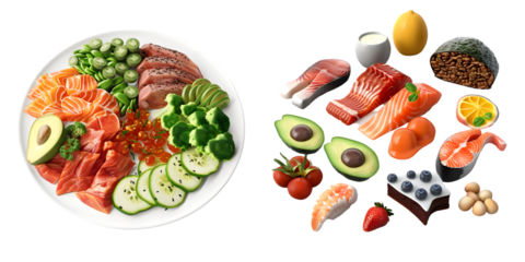Healthy low carbohydrate foods 3D rendering isolated on a white background. Generative AI.