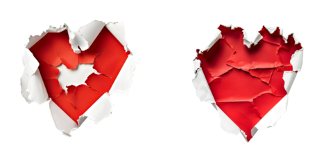 Heart shaped red hole torn through paper isolated on a white background. Generative AI.