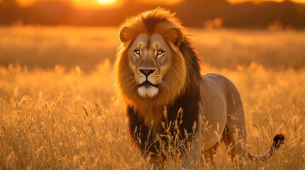 A majestic lion standing in a golden field during sunset