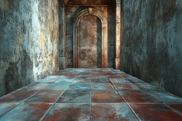 Obraz premium Ancient Hallway with Rusted Archway and Weathered Walls. Digital Backdrop.