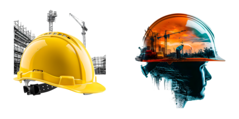 helmet in construction site and construction site worker background safety first concept isolated on a white background. Generative AI.