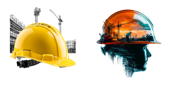 helmet in construction site and construction site worker background safety first concept isolated on a white background. Generative AI.