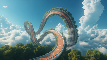 Obraz premium A 2D road twisting into a 3D roller coaster that disappears into the sky