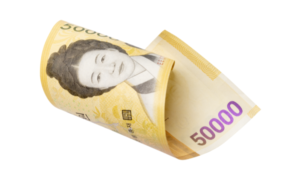 50000 South Korean won banknotes falling  isolated on white background, with clipping path