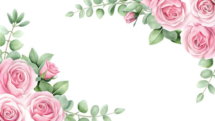 Watercolor pink roses and green eucalyptus corner border isolated on white background PNG.AI GENERATED
